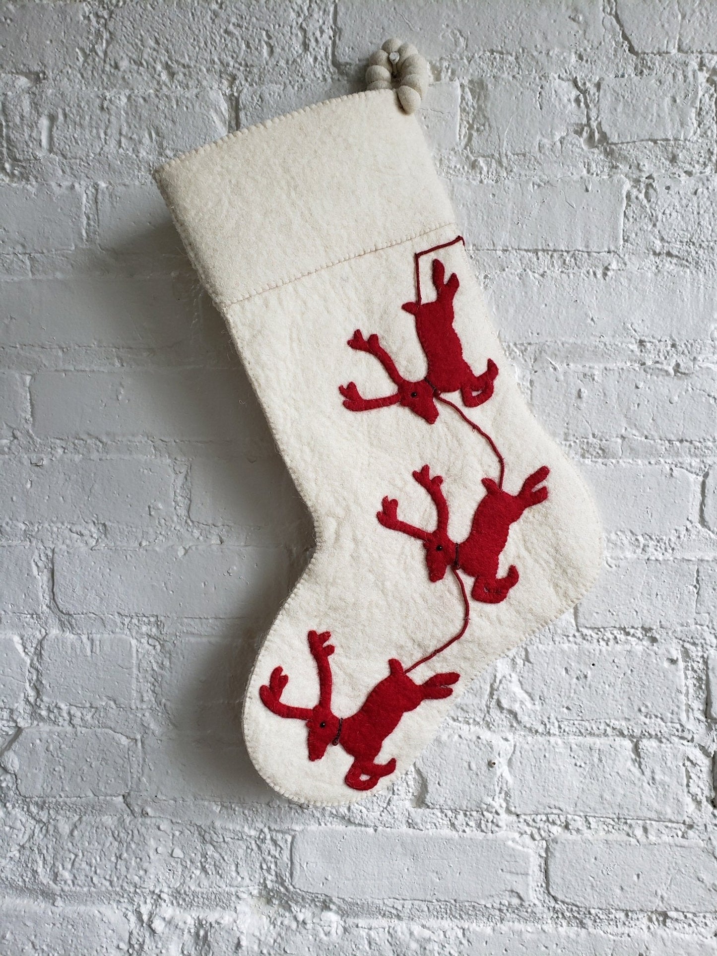 Handmade Christmas Stocking Cream Reindeer Red Arcadia Home