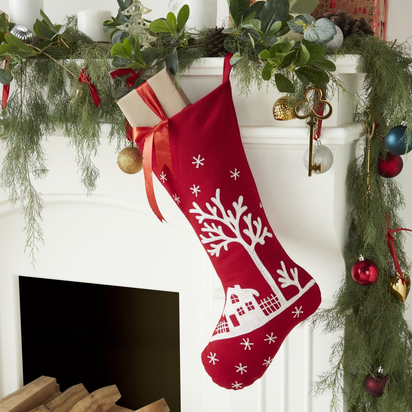 Snowy Village Embroidered Scene Red Handmade Christmas Stocking Arcadia Home