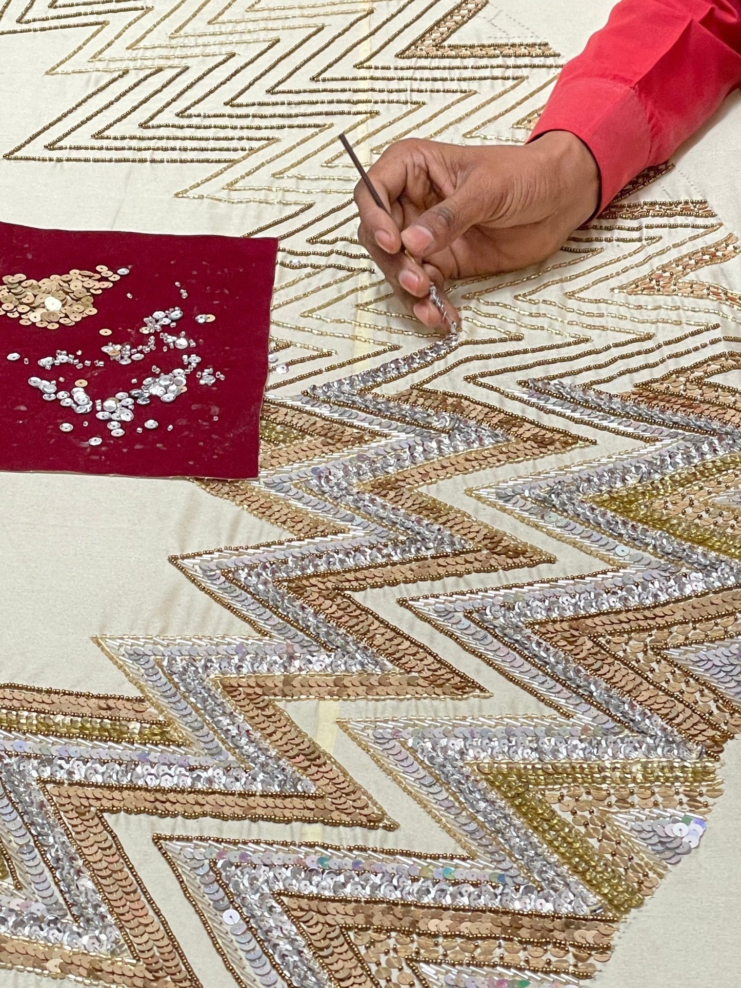 Hand Beaded Metallic Starburst French Vanilla Silk Christmas Tree Skirt 60"/72" Arcadia Home