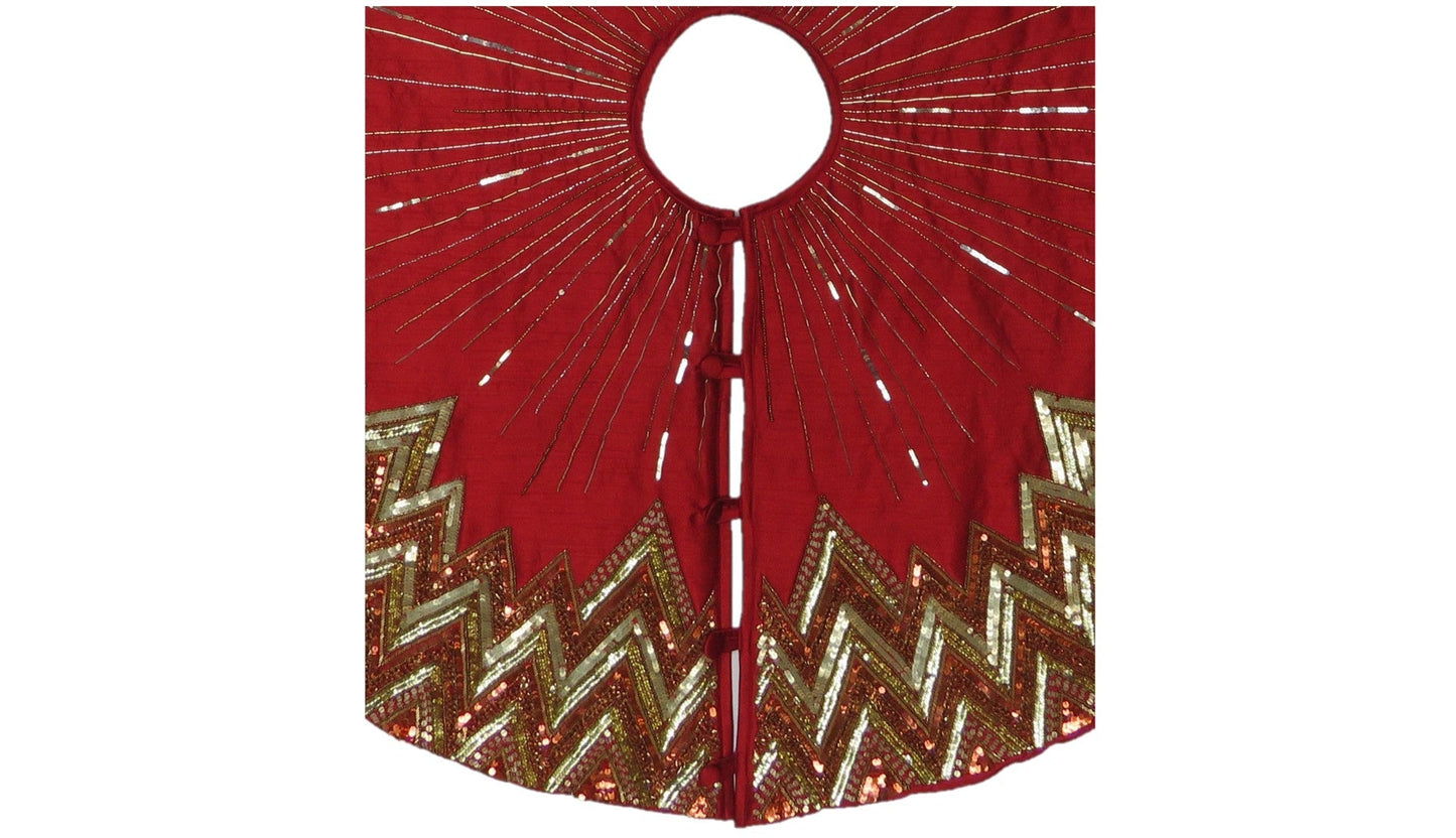 Hand Beaded Metallic Starburst Garnet Red Christmas Tree Skirt 60" Arcadia Home