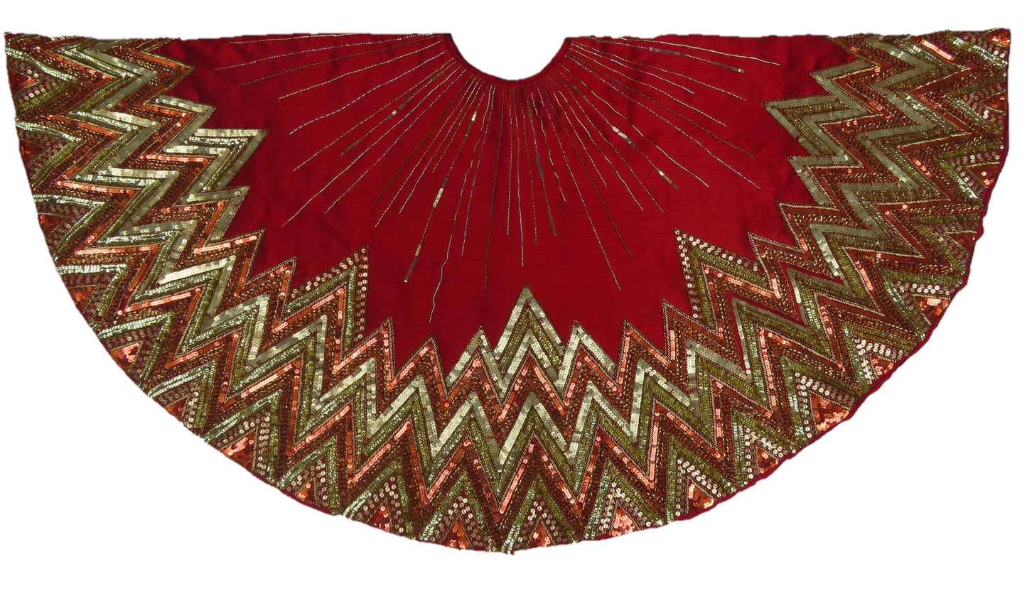 Hand Beaded Metallic Starburst Garnet Red Christmas Tree Skirt 60" Arcadia Home