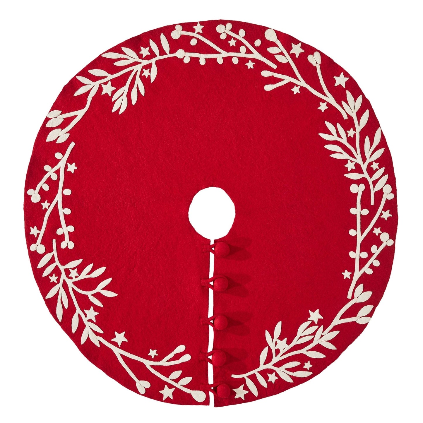 Handmade Felt Branches and Stars Red Christmas Tree Skirt 60 designed with elegant cream branches and stars on red felt.