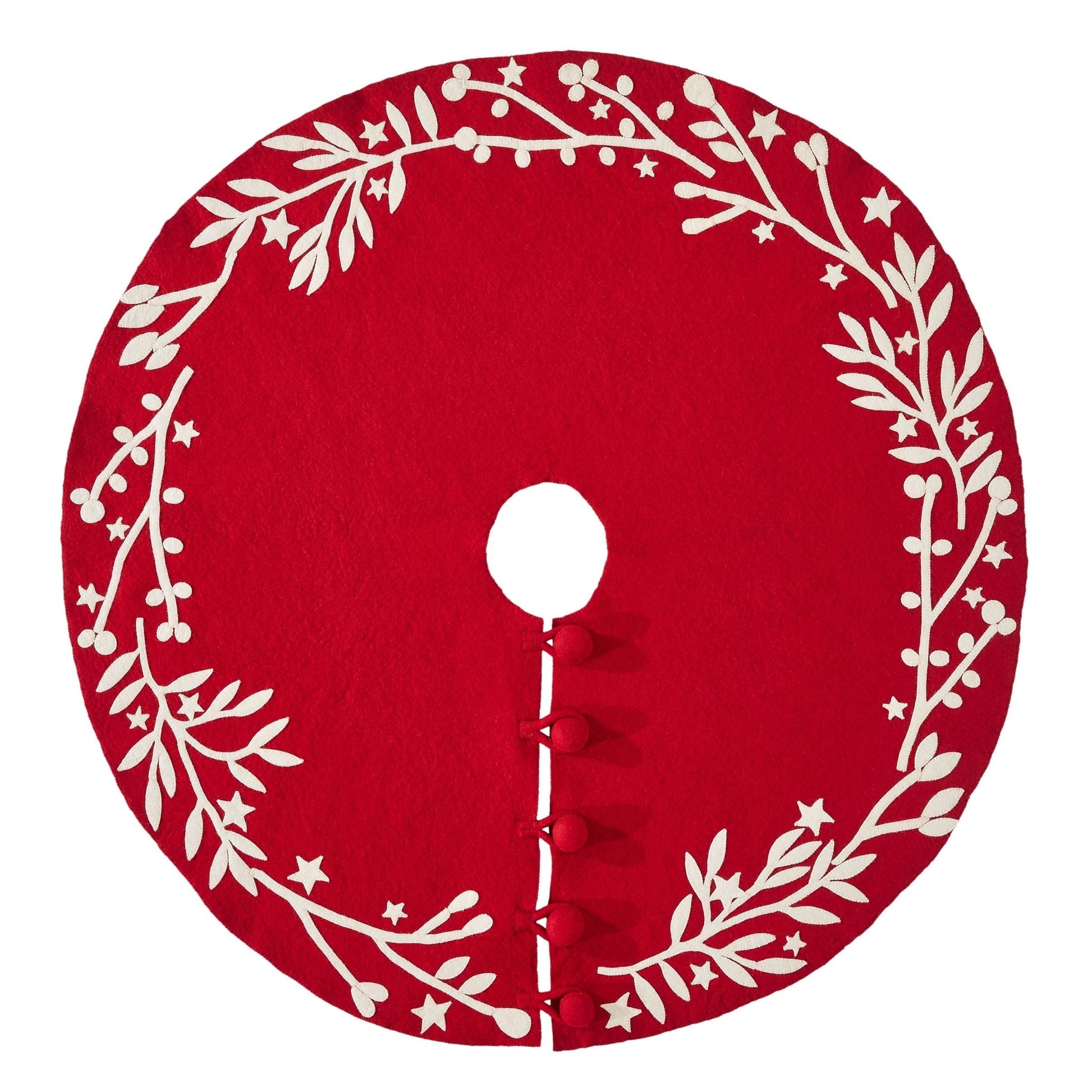 Handmade Felt Branches and Stars Red Christmas Tree Skirt 60 designed with elegant cream branches and stars on red felt.