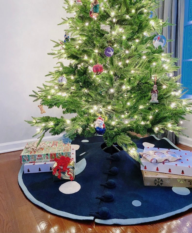 Hand Felted Wool Blue Polka Dots Christmas Tree Skirt 60" Arcadia Home