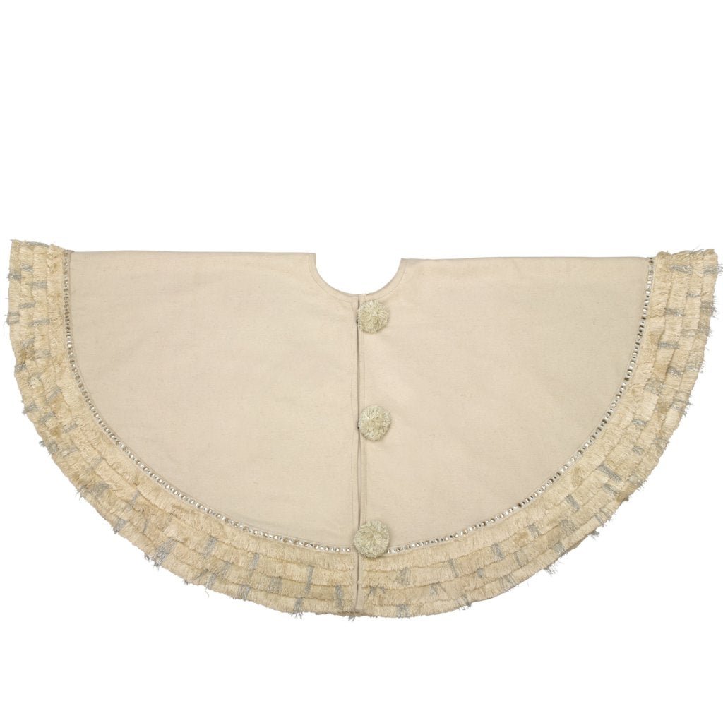 Handmade Cream Fringe Border Christmas Tree Skirt Wool 60" Arcadia Home