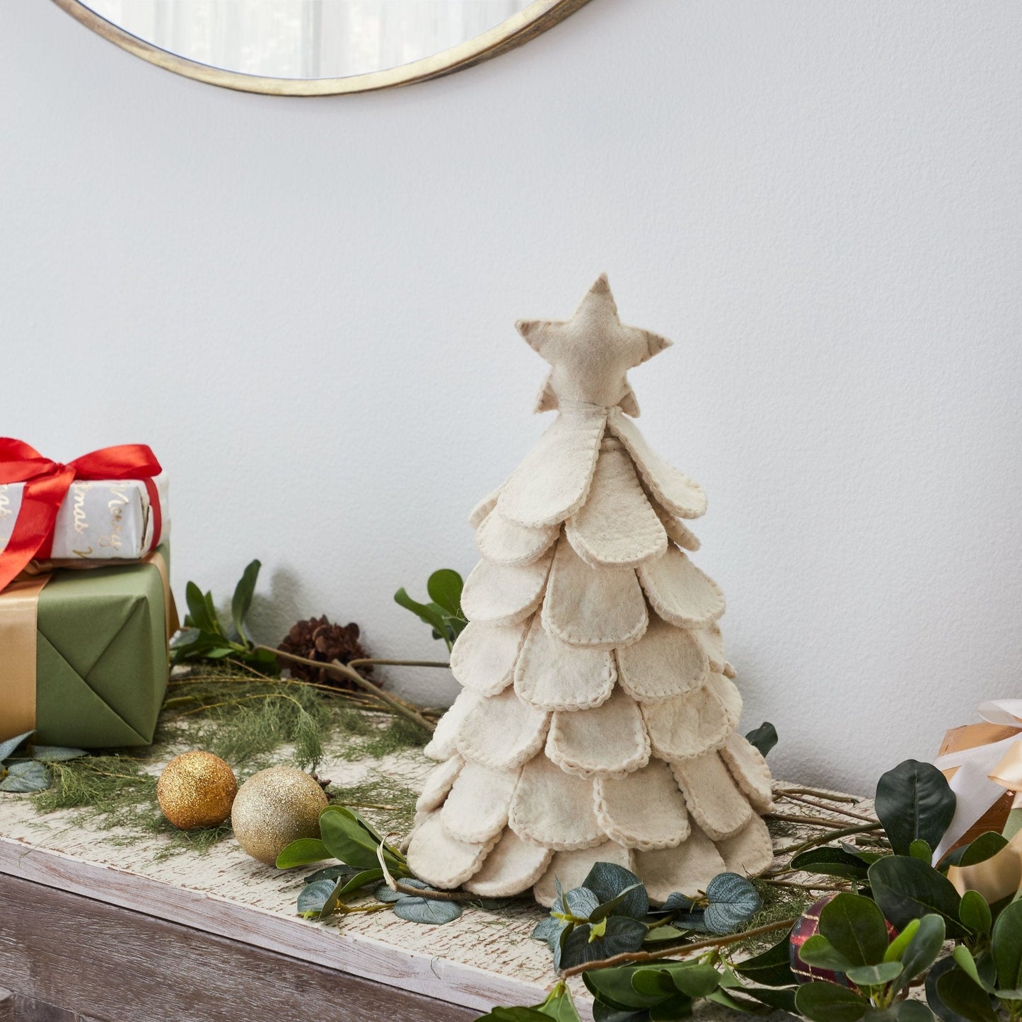 Handmade Cream Tabletop Christmas Tree Hand Felted Wool Arcadia Home