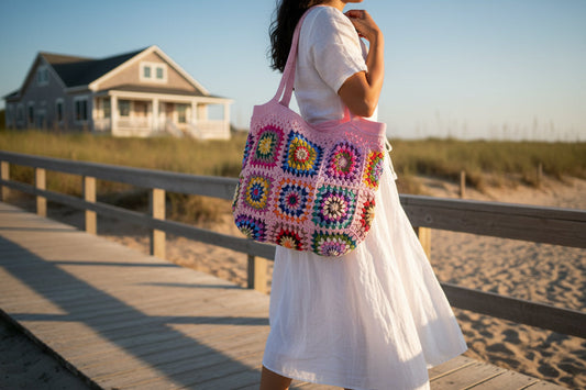 Handmade Crochet Granny Square Tote Bag – Boho Vintage Purse in 4 Colors