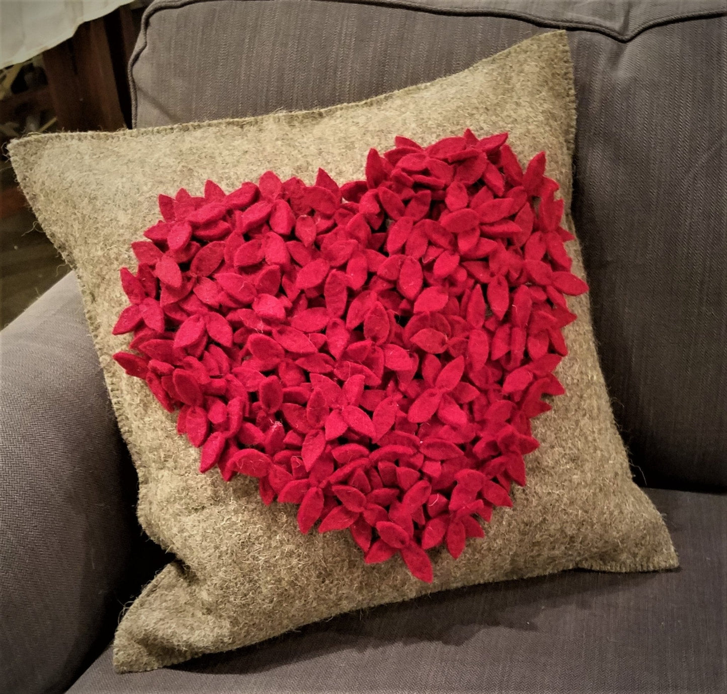 Handmade Cushion Cover Hand Felted Wool - Red Heart Gray - 20" Arcadia Home