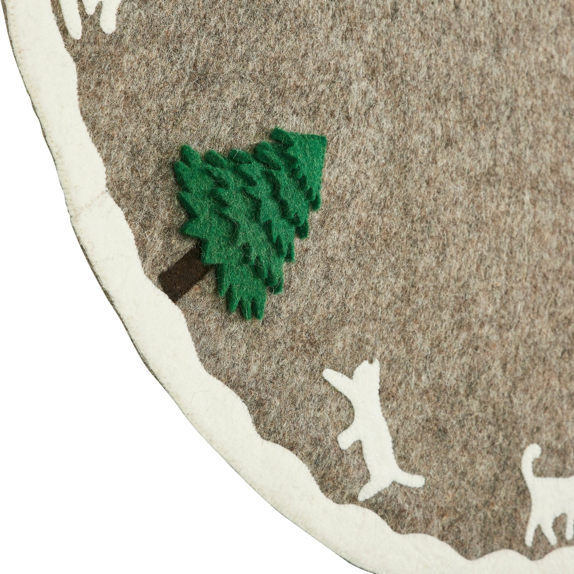 Handmade Felted Cats and Green Trees Grey Christmas Tree Skirt featuring green trees and cream cats on a grey background.