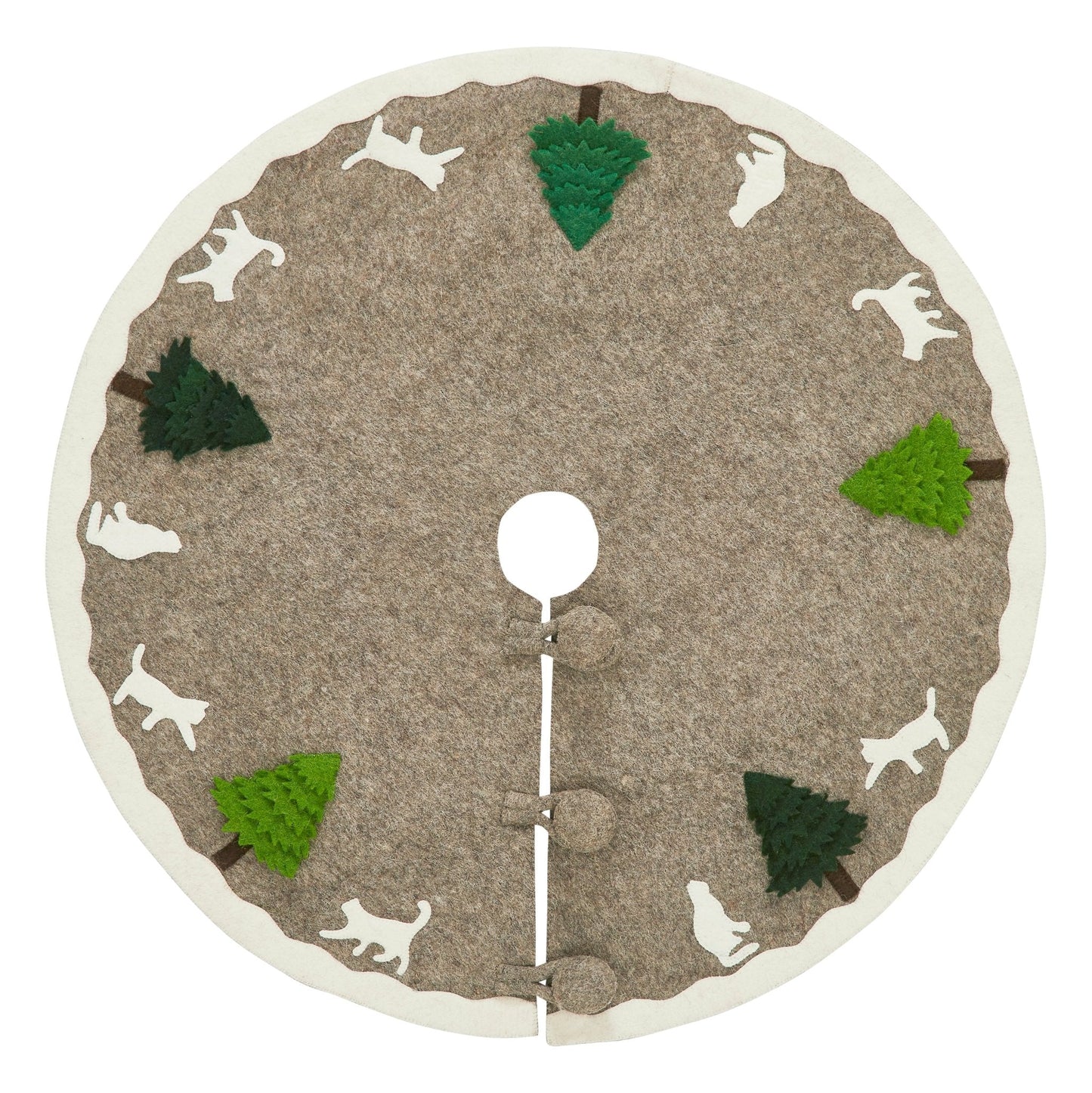 Handmade Felted Cats and Green Trees Grey Christmas Tree Skirt featuring cats and trees on a grey background.