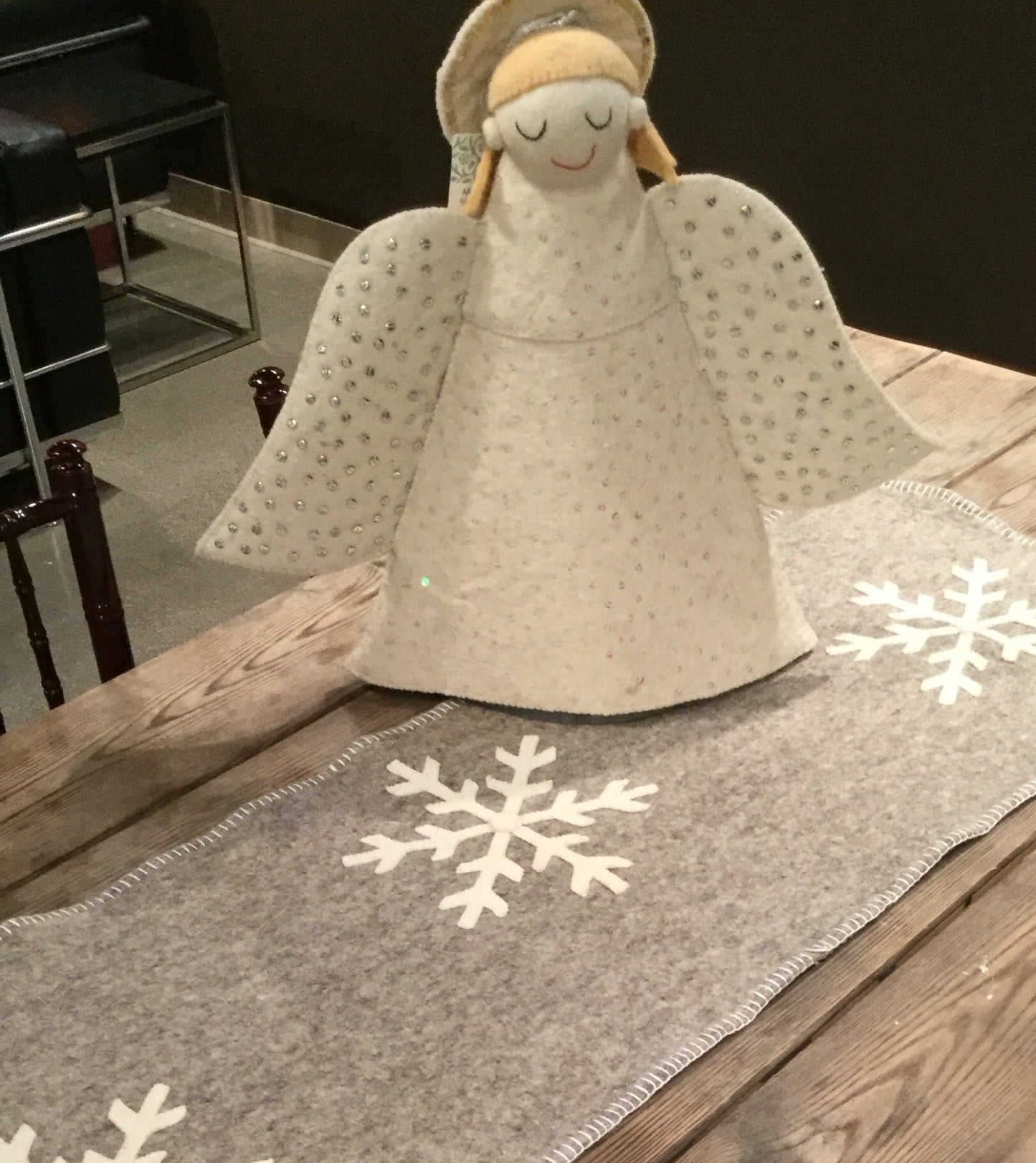 Gray Hand Felted Wool Christmas Table Runner - Snowflakes - 16"x44" Arcadia Home
