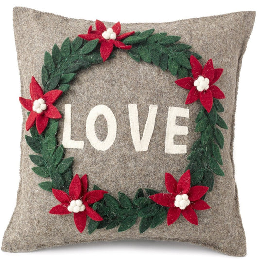 Handmade Pillow Hand Felted Wool - LOVE Wreath Gray - 20" Arcadia Home