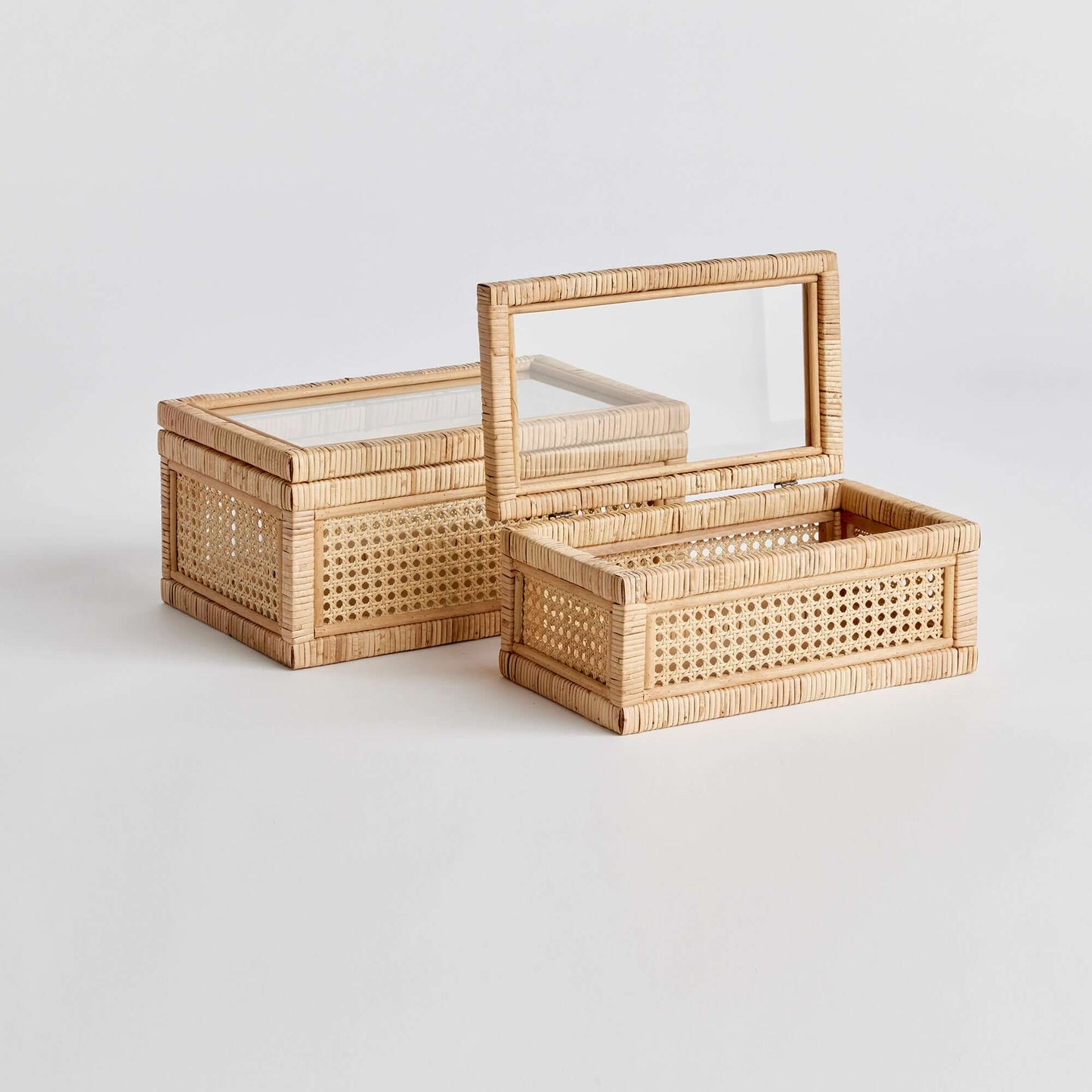 Handwoven Rattan Storage Boxes with Glass Window Lids (Set of 2)
