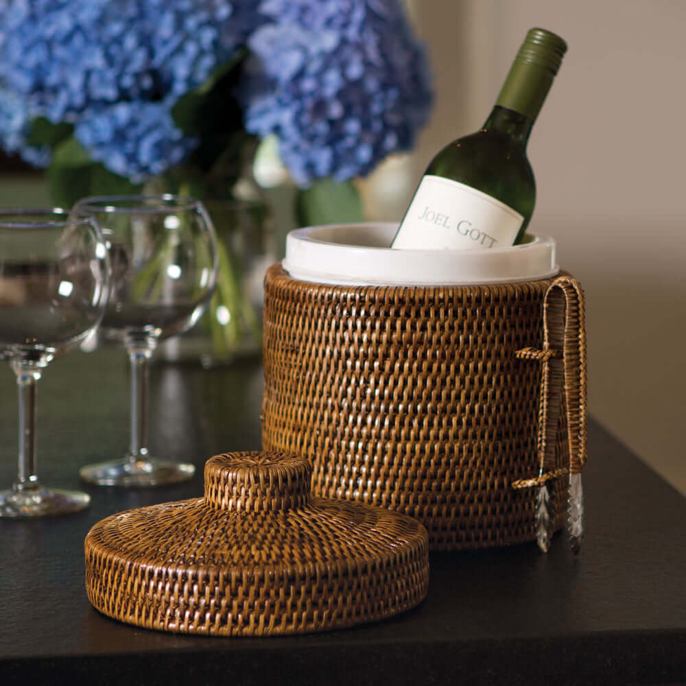 Handwoven Vintage Rattan Ice Bucket with Tongs and Lid