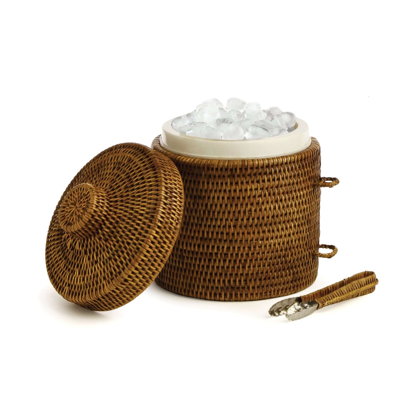 Handwoven Vintage Rattan Ice Bucket with Tongs and Lid