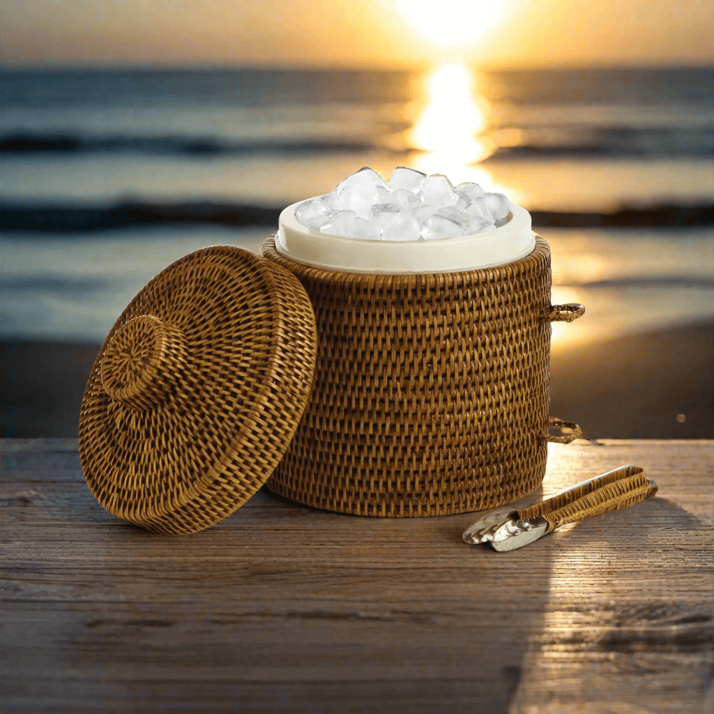 Handwoven Vintage Rattan Ice Bucket with Tongs and Lid