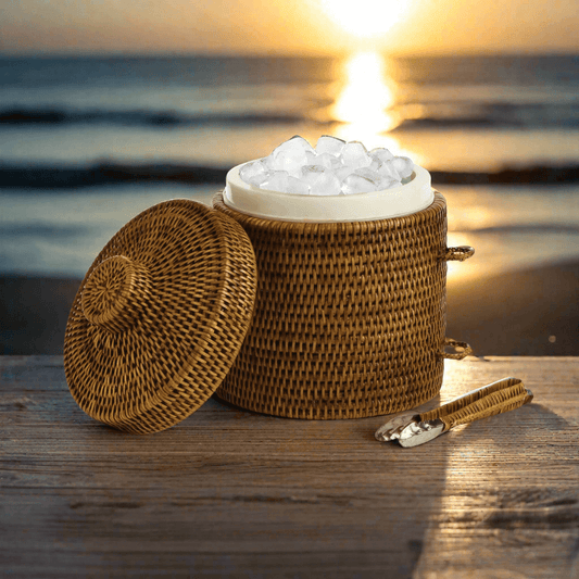 Handwoven Vintage Rattan Ice Bucket with Tongs and Lid