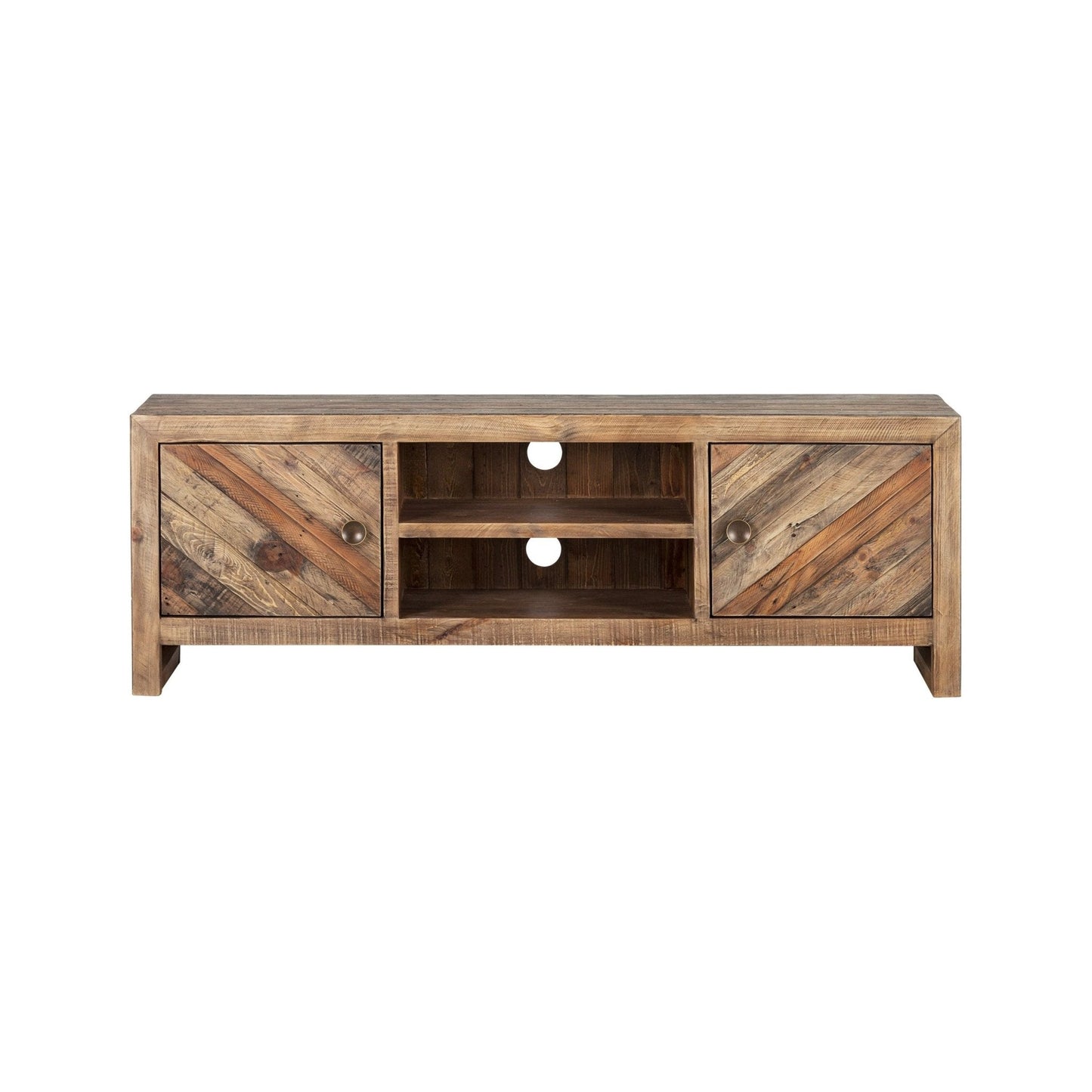 Hayes TV Console featuring reclaimed pine wood, adjustable shelves, and wire management for electronic devices.