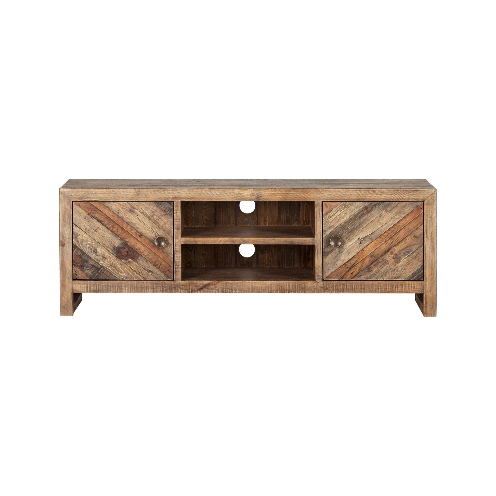 Hayes TV Console featuring reclaimed pine wood, adjustable shelves, and wire management for electronic devices.
