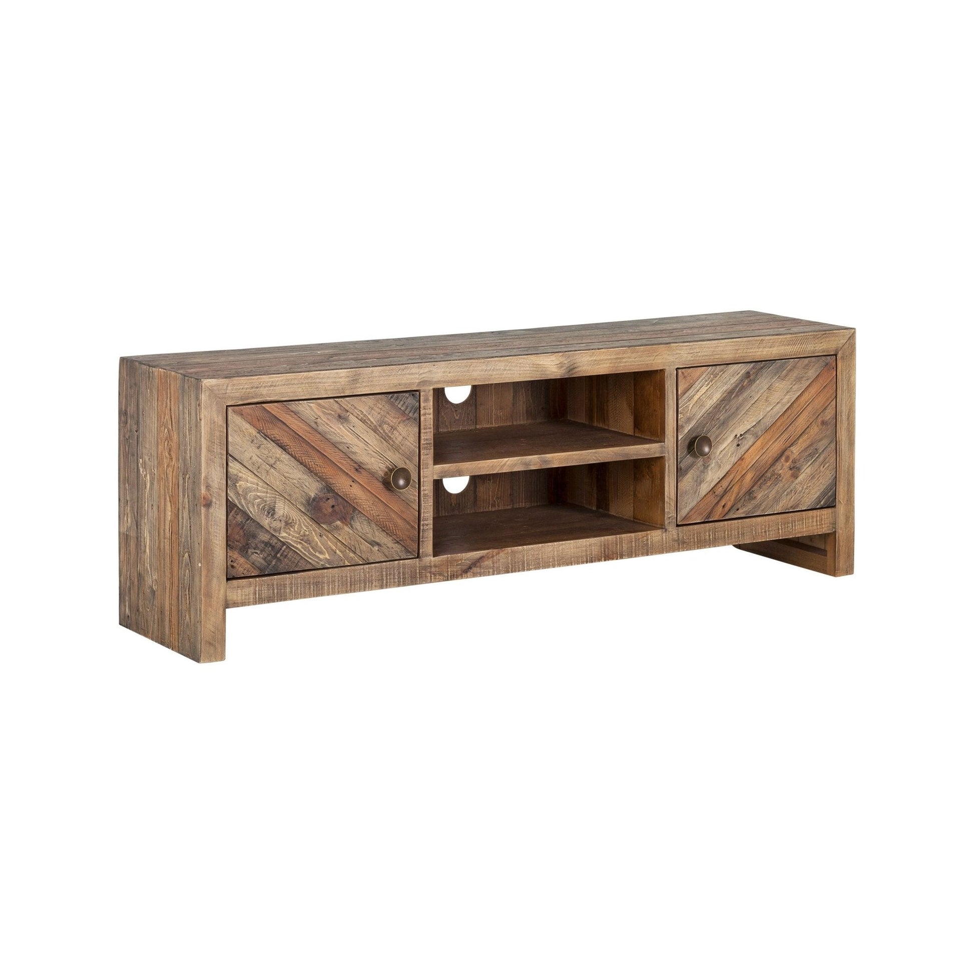 Hayes TV Console featuring a Wheat finish and reclaimed pine wood, with adjustable shelves and wire management holes.