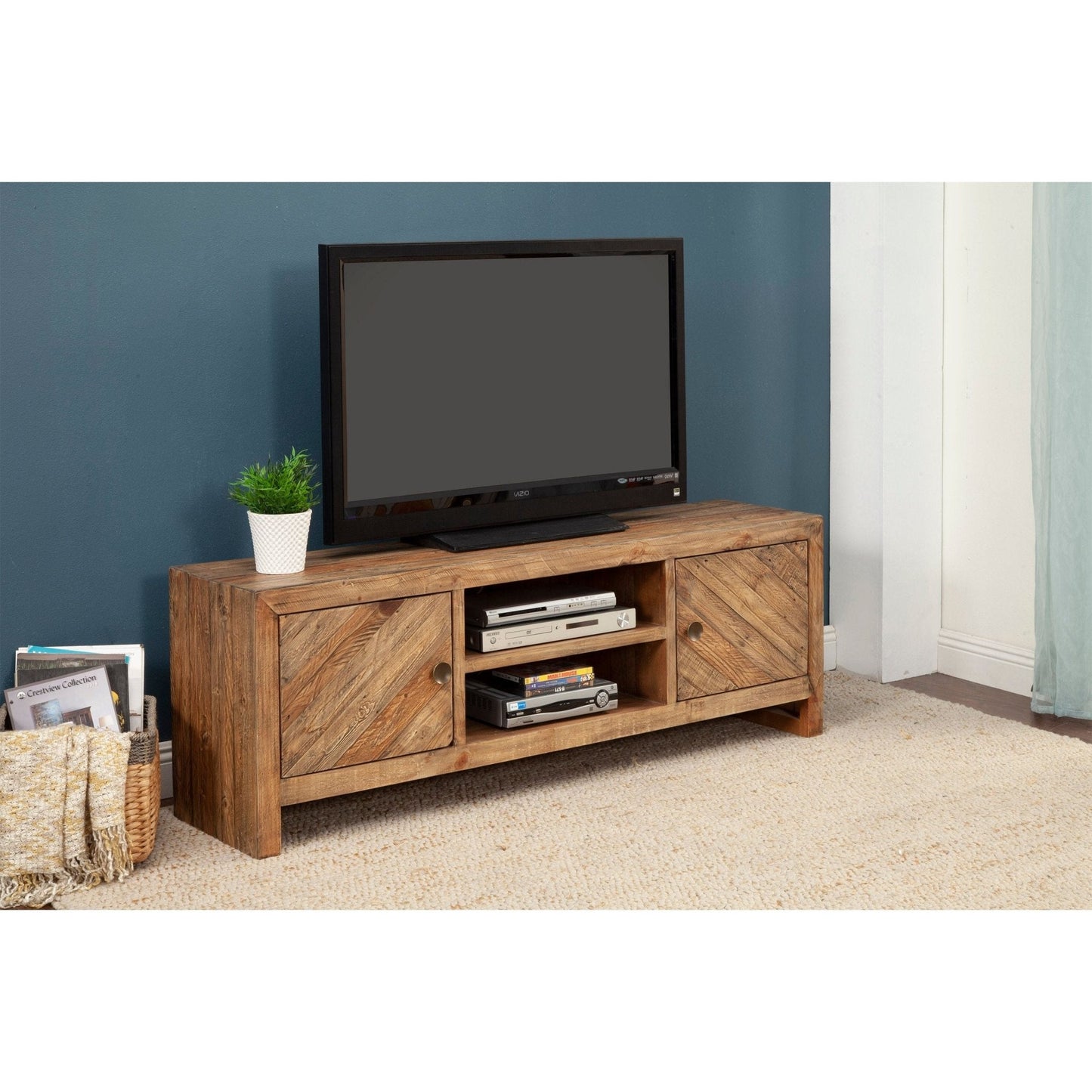 Hayes TV Console showcasing a Wheat finish design with adjustable shelves and wire management for electronics.