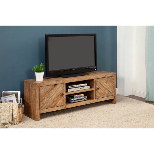 Hayes TV Console showcasing a Wheat finish design with adjustable shelves and wire management for electronics.