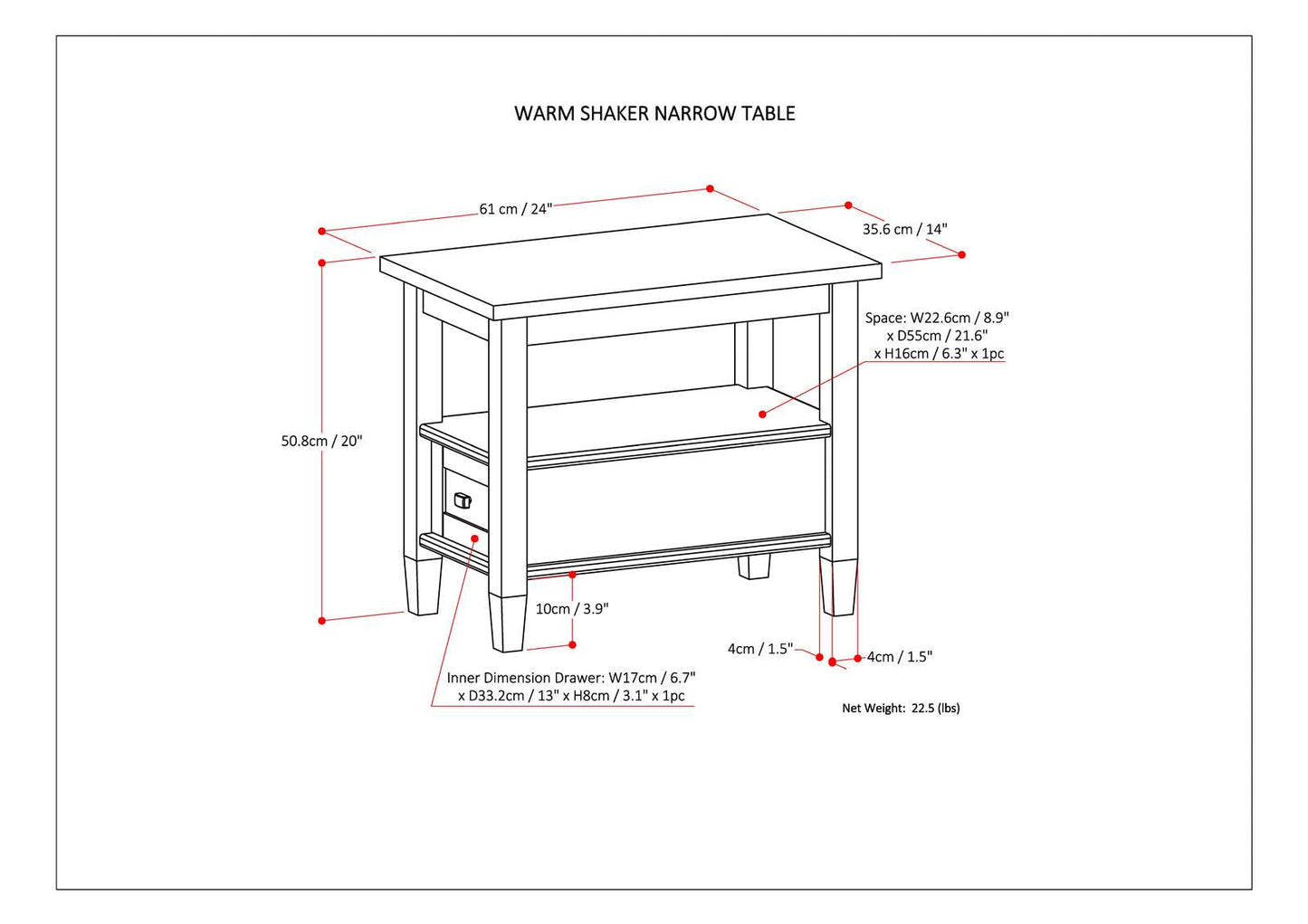 Warm Shaker Solid Wood Transitional Narrow Side Table