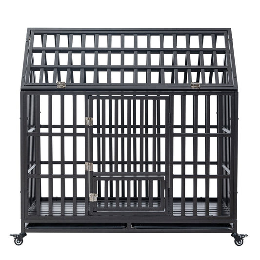 Heavy Duty Carbon Steel Dog Kennel Cage Crate W/ Sloped Roof And Wheels, 48" (SAK73812)