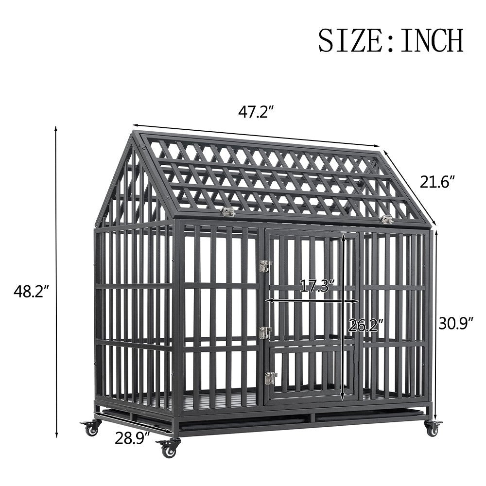 Heavy Duty Carbon Steel Dog Kennel Cage Crate W/ Sloped Roof And Wheels, 48" (SAK73812)