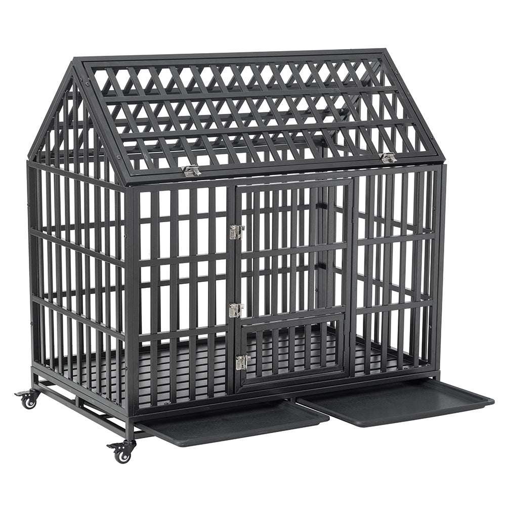 Heavy Duty Carbon Steel Dog Kennel Cage Crate W/ Sloped Roof And Wheels, 48" (SAK73812)