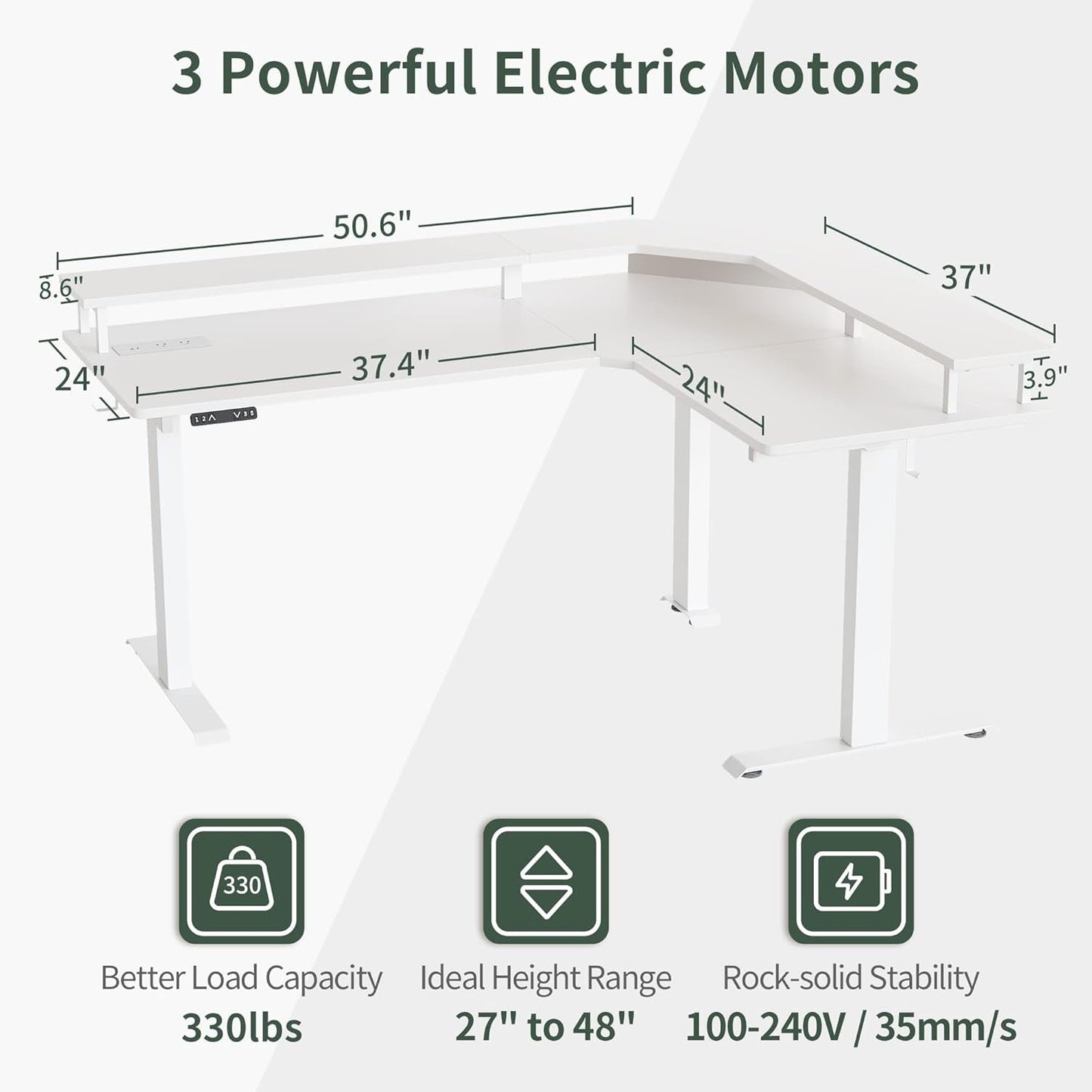 Height Adjustable L Shaped Standing Desk with Power Outlets