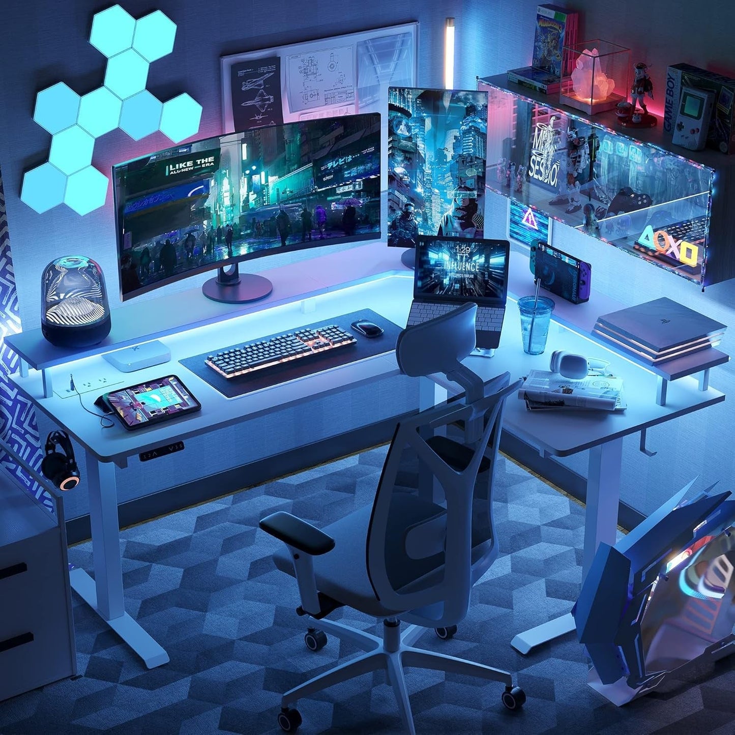 Height Adjustable L Shaped Standing Desk with Power Outlets