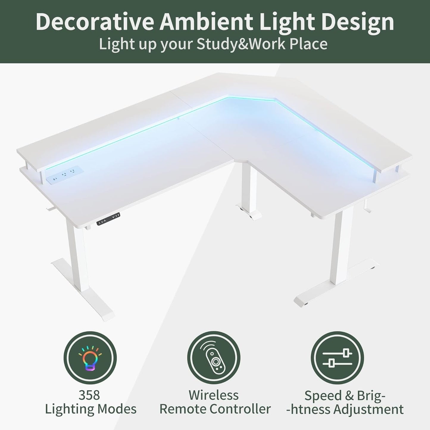 Height Adjustable L Shaped Standing Desk with Power Outlets