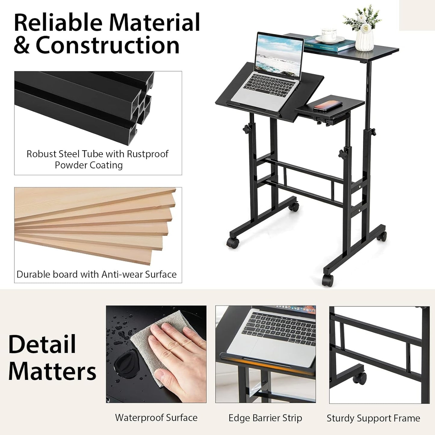 Height Adjustable Mobile Desk with Tilting Top and Wheels