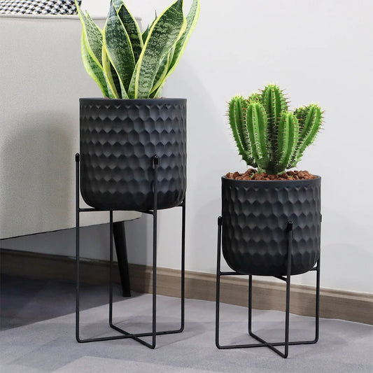 Set of 2 12"&18" H Tall Metal Flower Pot With Stand (Black)