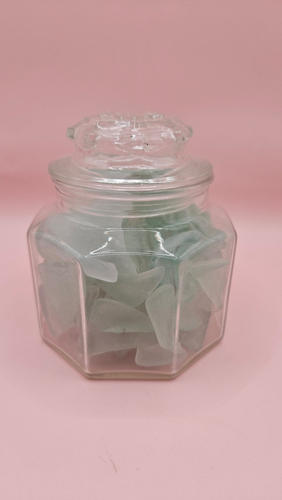 Hexagonal Glass Jar Filled with Aqua Seaglass – Coastal Home Decor Accent (4.1x3.8)