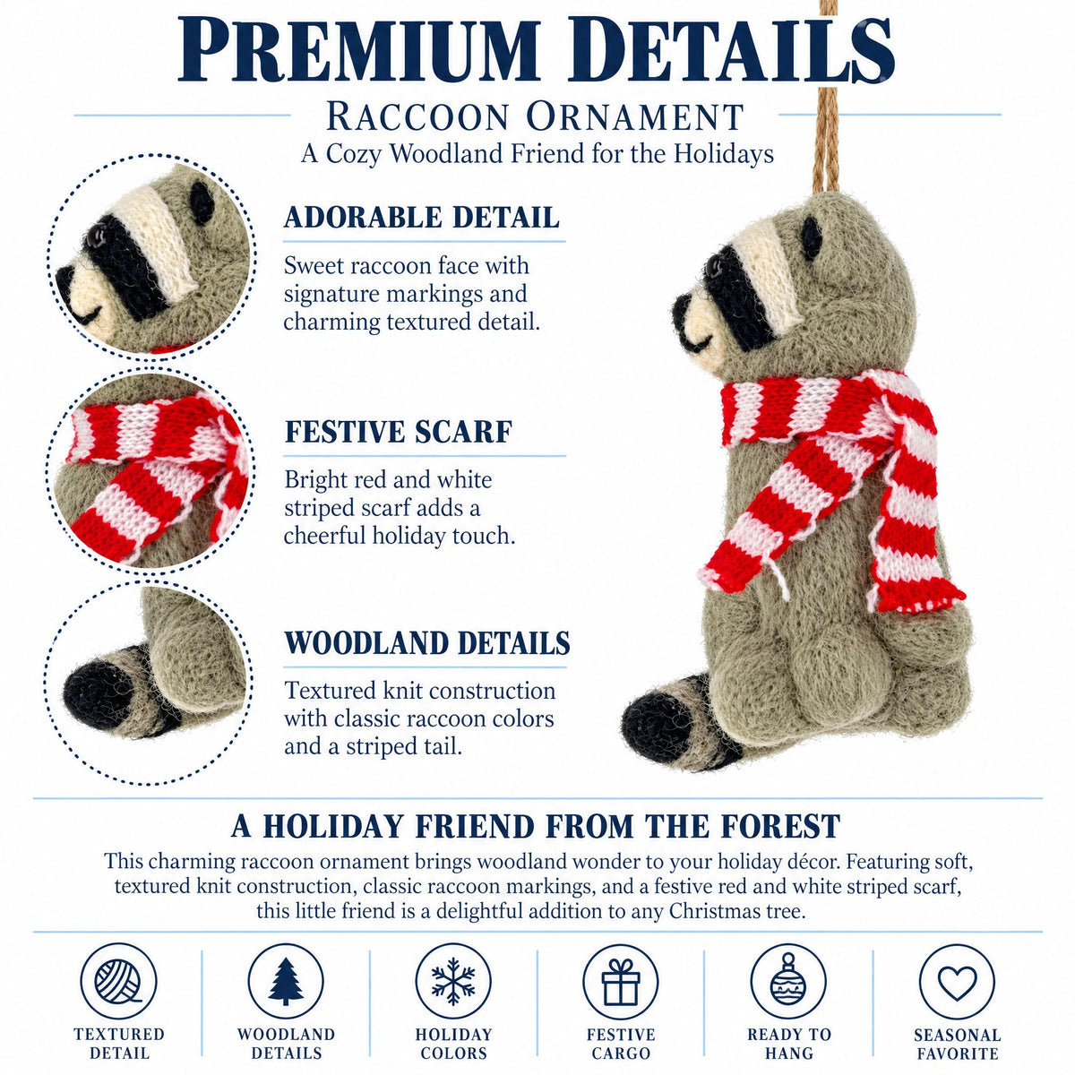 Raccoon Striped Scarf Felt Fabric Christmas Ornament
