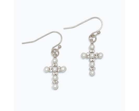 Pearl And Crystal Cross Earrings – Silver-Tone