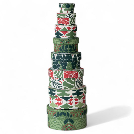 Round Handmade Recycled Paper Botanical Green Nesting Gift Boxes | 8 Sizes