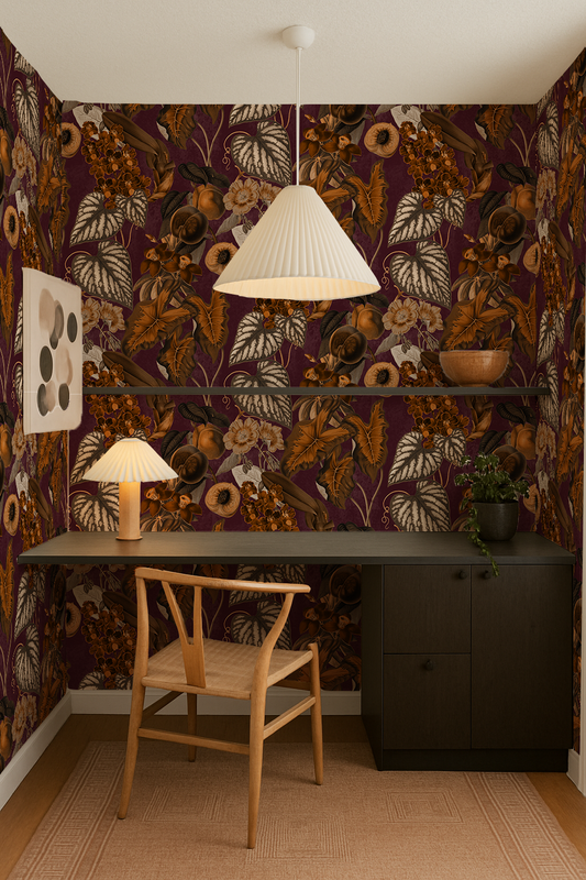 Cali Tropicale Wallpaper, eggplant and toffee