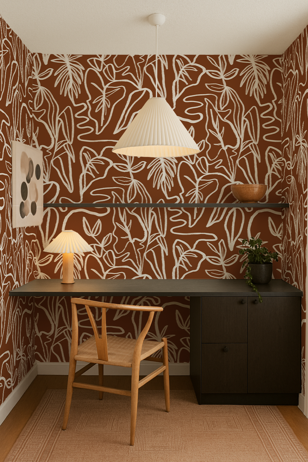 Inked Foliage Wallpaper, rust and white