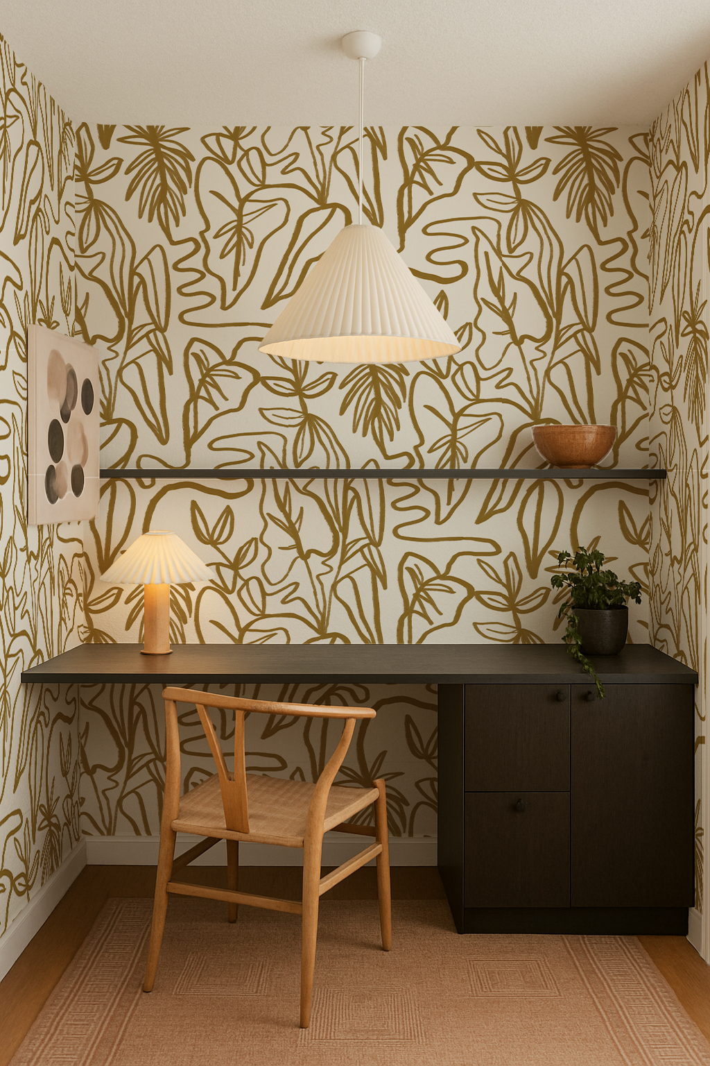 Inked Foliage Wallpaper, white and mustard