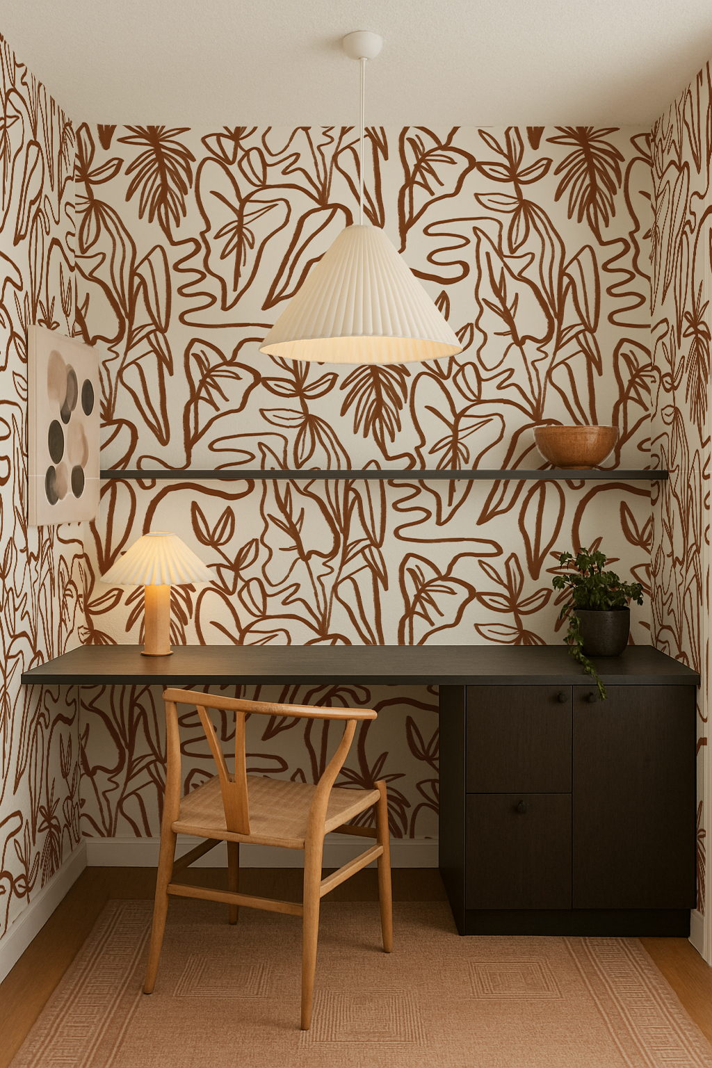 Inked Foliage Wallpaper, white and rust