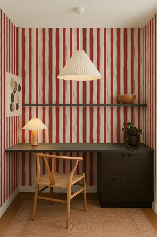 Riviera Stripe Wallpaper, off-white and red