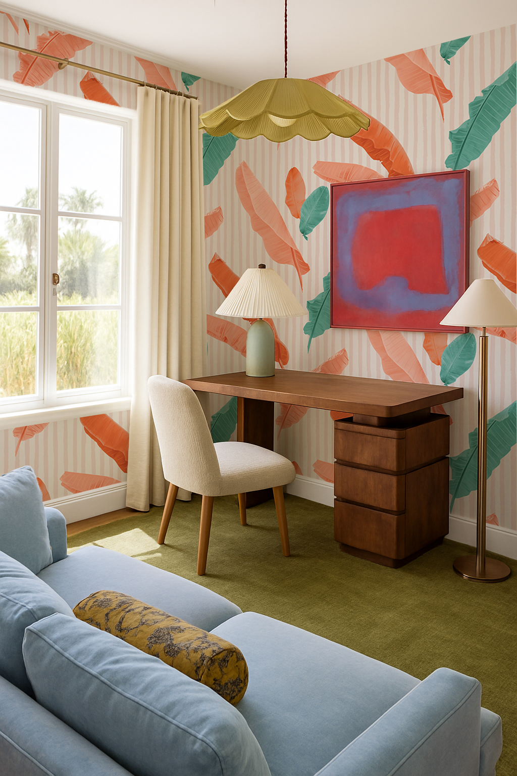 Banana Cabana Wallpaper, coral and teal
