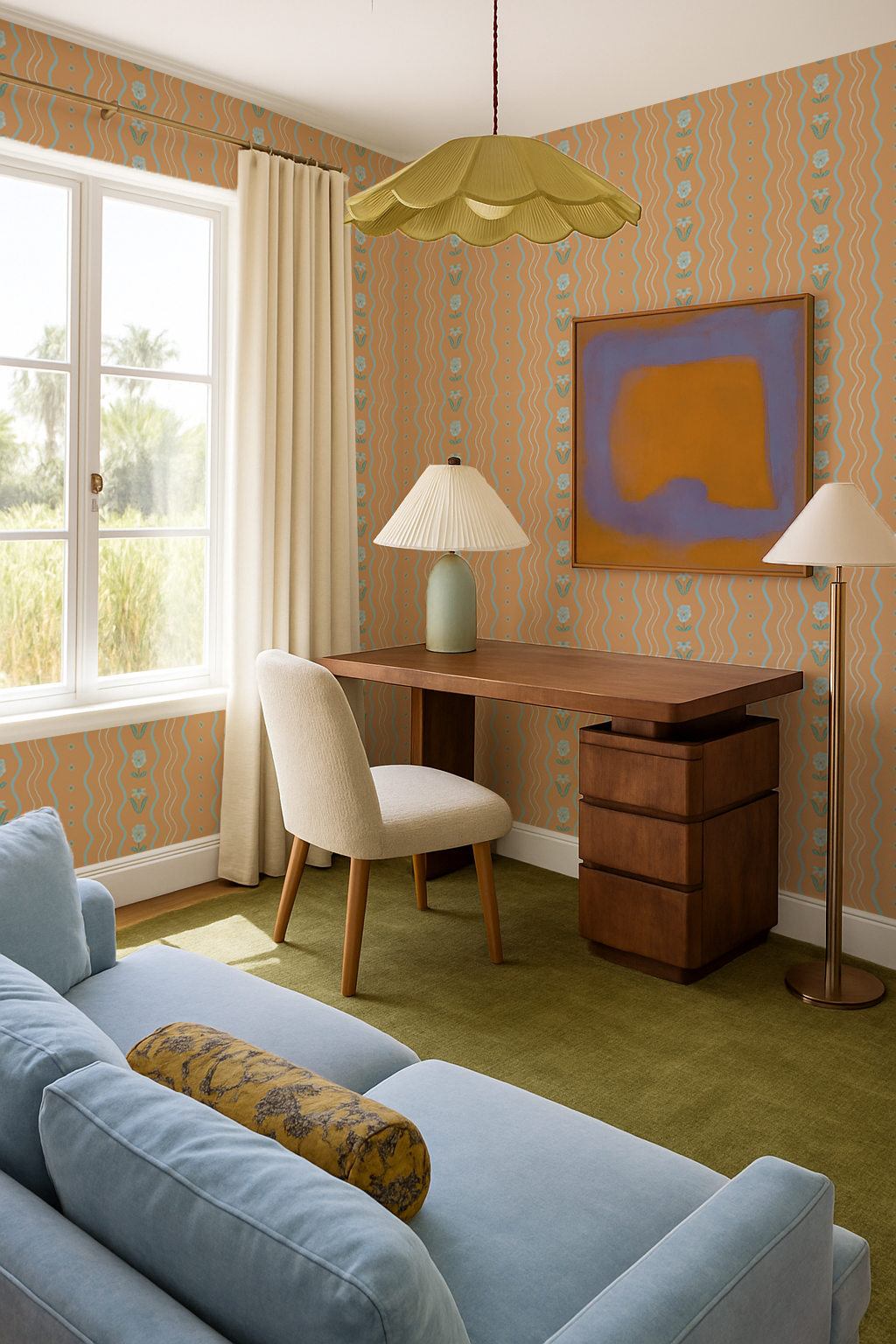 Posy Lane Stripe Wallpaper, apricot and light blue