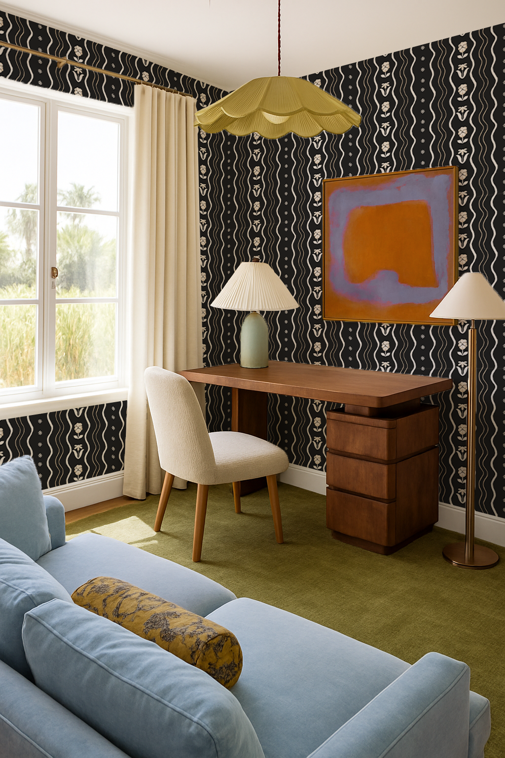 Posy Lane Stripe Wallpaper, black and neutral