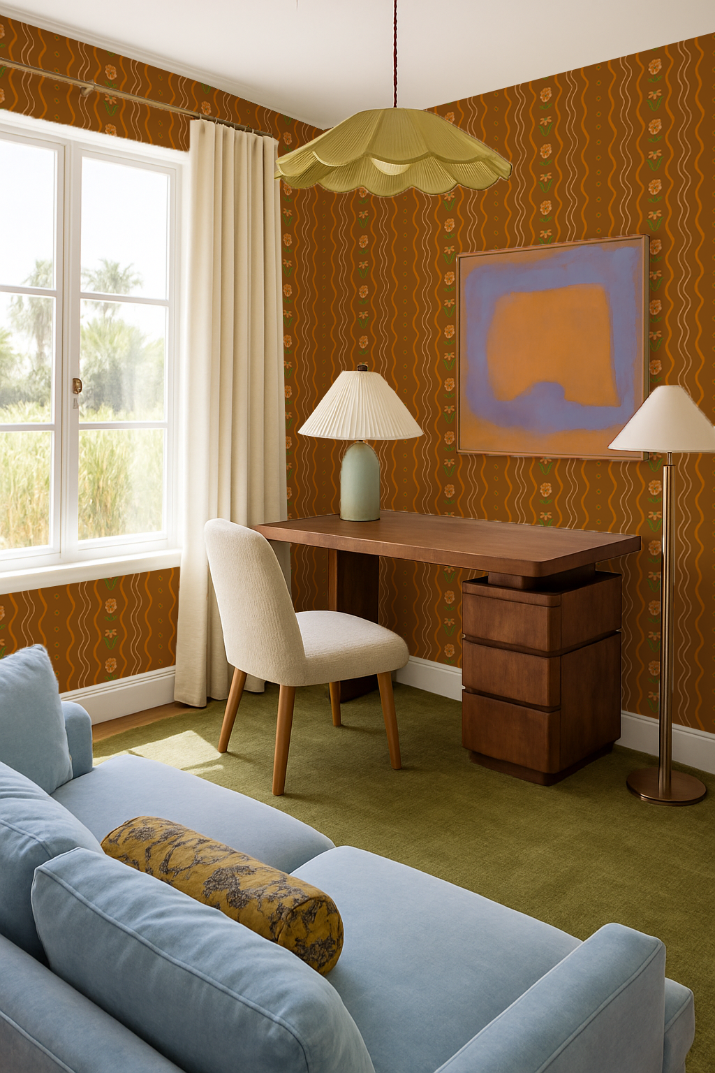 Posy Lane Stripe Wallpaper, golden brown and orange