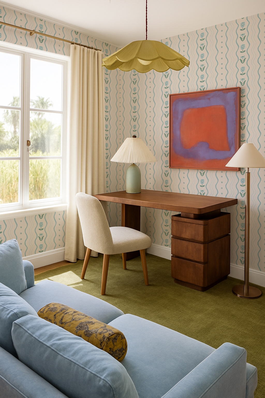 Posy Lane Stripe Wallpaper, beige and light blue