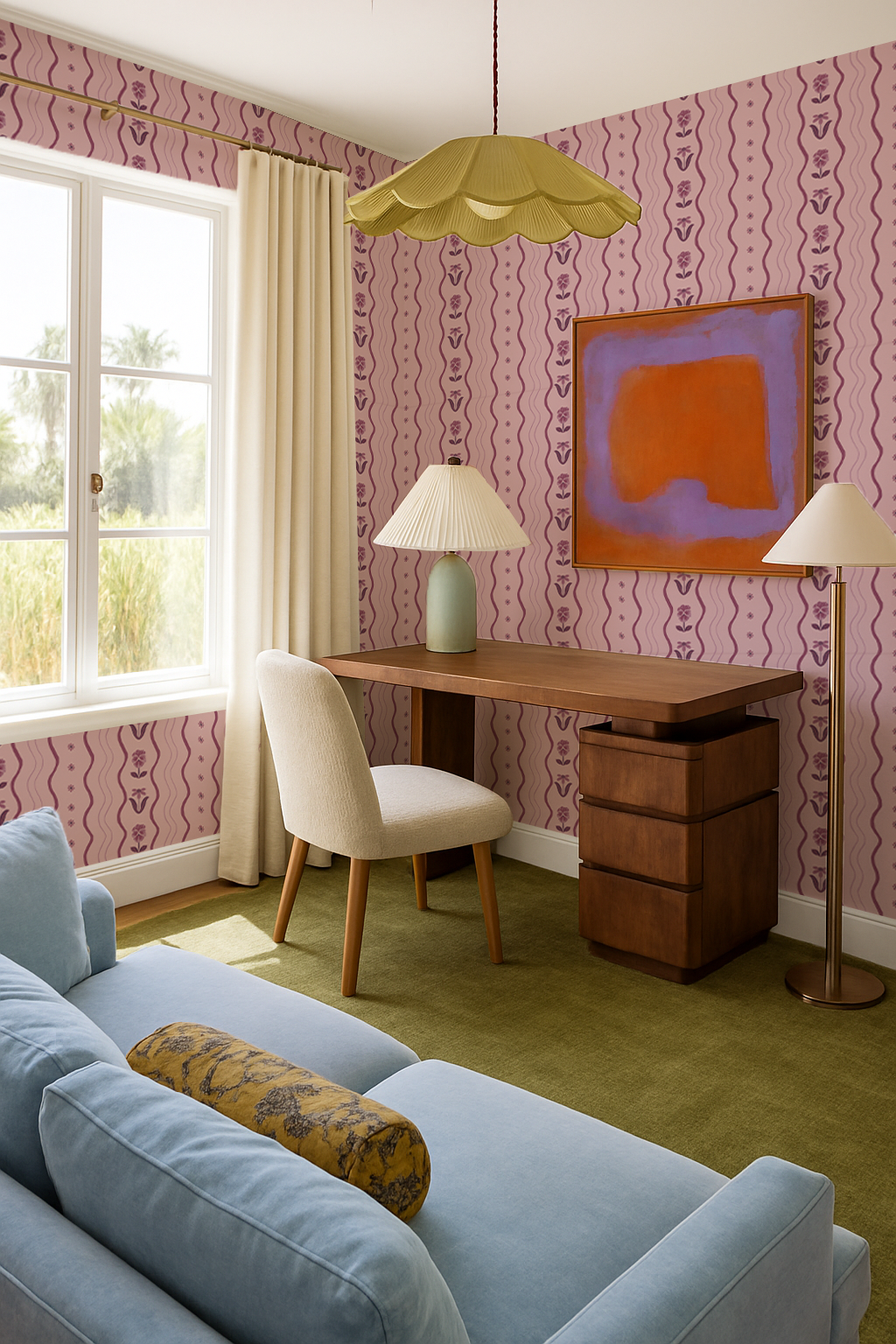 Posy Lane Stripe Wallpaper, lilac and plum